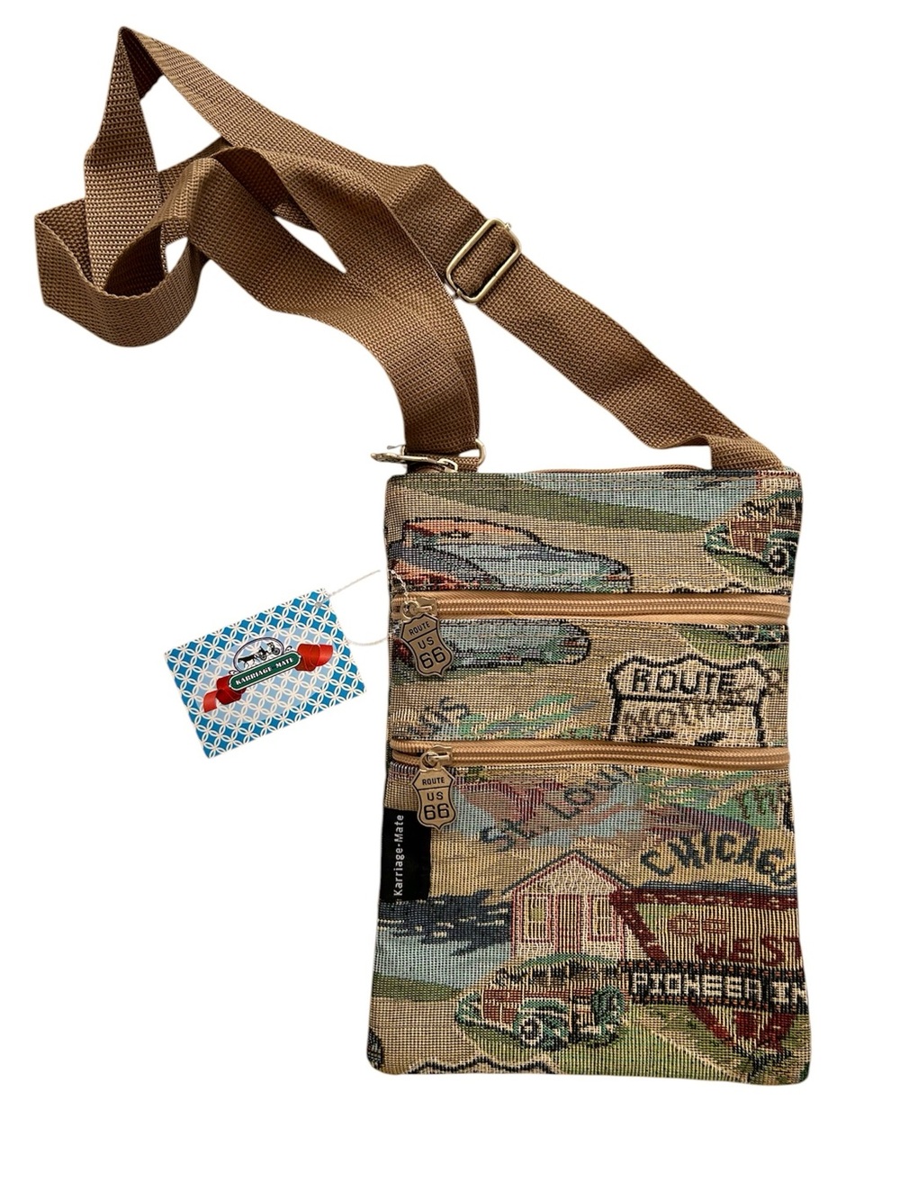 NWT Karriage Mate Tapestry Route 66 Multi-Zip Pockets Adjustable StrapTravel Bag